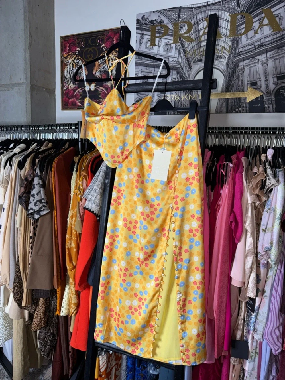 Sabo Yumee Azalea Tropical Yellow Floral Skirt Set Halter Top Midi Skirt New NWT